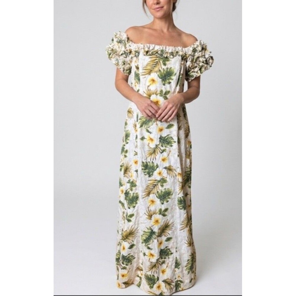VTG KY'S Hawaii Muumuu Dress L White Tropical Hibiscus Monstera Cotton Ruffle NW